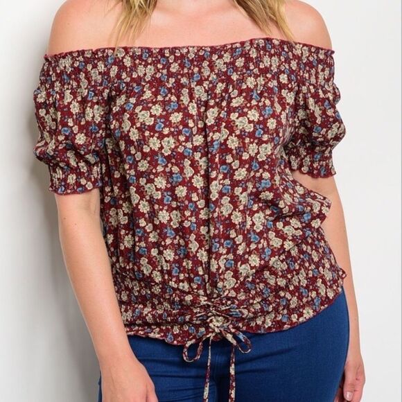 Off Shoulder Floral Short Sleeve Lace Up  Waist Colorful Summer Top NEW - Picture 1 of 4